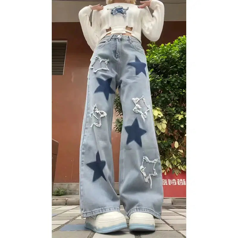 Blue Y2K Star Logo Embroidered High Waist Jeans