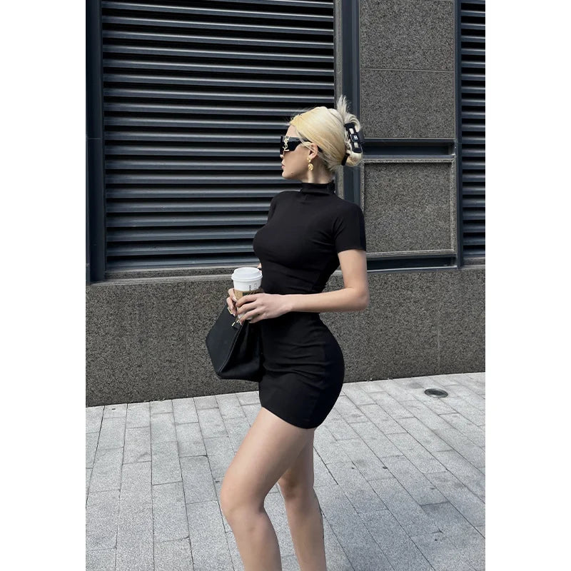 Classy Y2K Short Sleeve Half High Neck Mini Dress