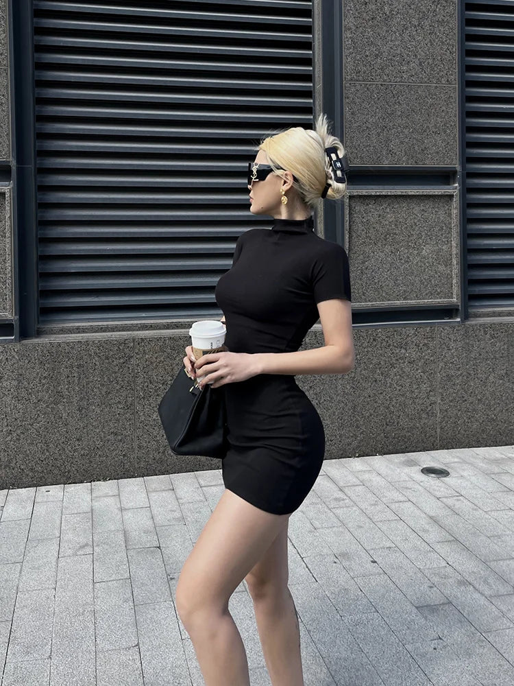 Classy Y2K Short Sleeve Half High Neck Mini Dress
