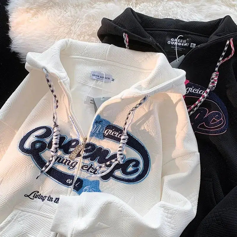Cosy Y2K Zip Up Embroidered Hoodie