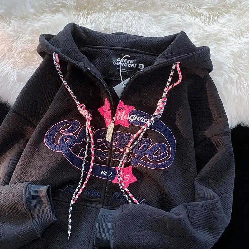 Cosy Y2K Zip Up Embroidered Hoodie