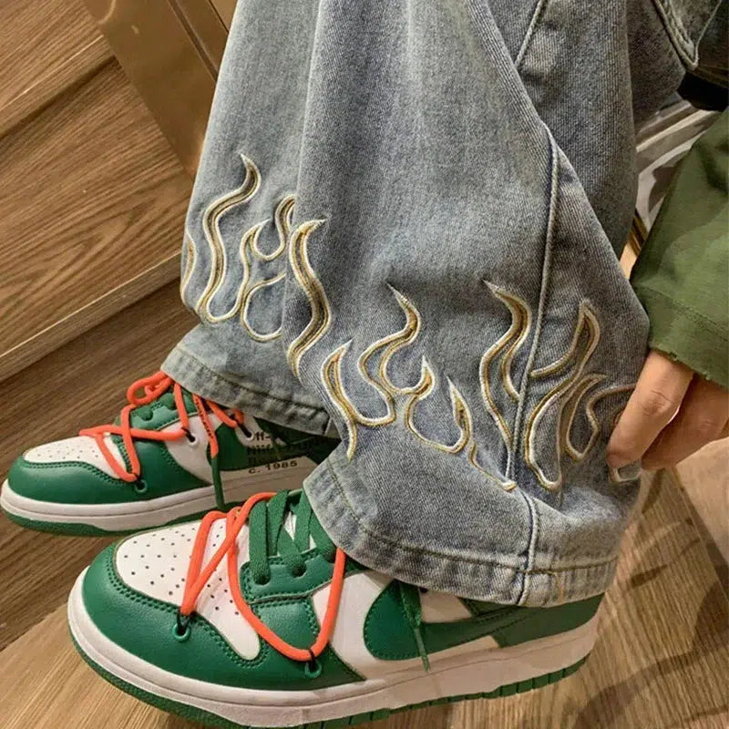 Embroidered Flame Logo Baggy Y2K Jeans