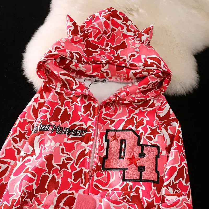 Embroidered Y2K Camo Zip Up Hoodie