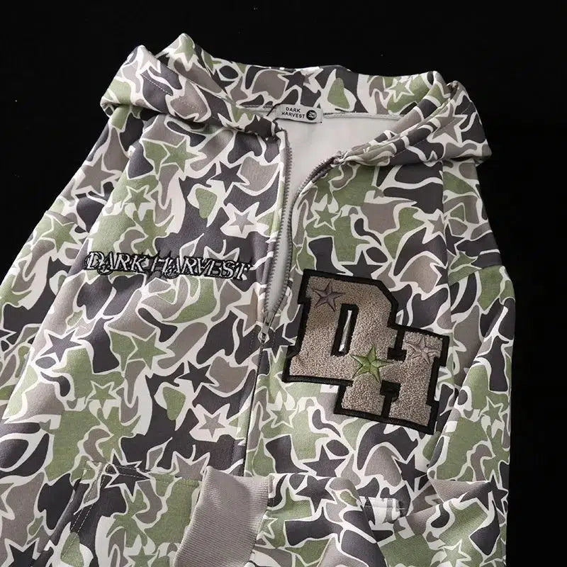 Embroidered Y2K Camo Zip Up Hoodie