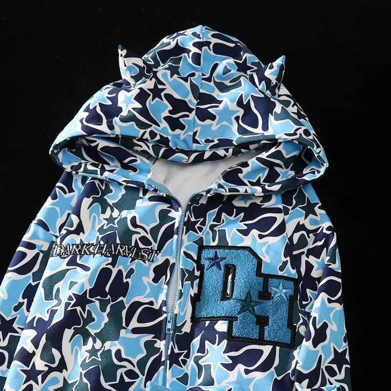 Embroidered Y2K Camo Zip Up Hoodie