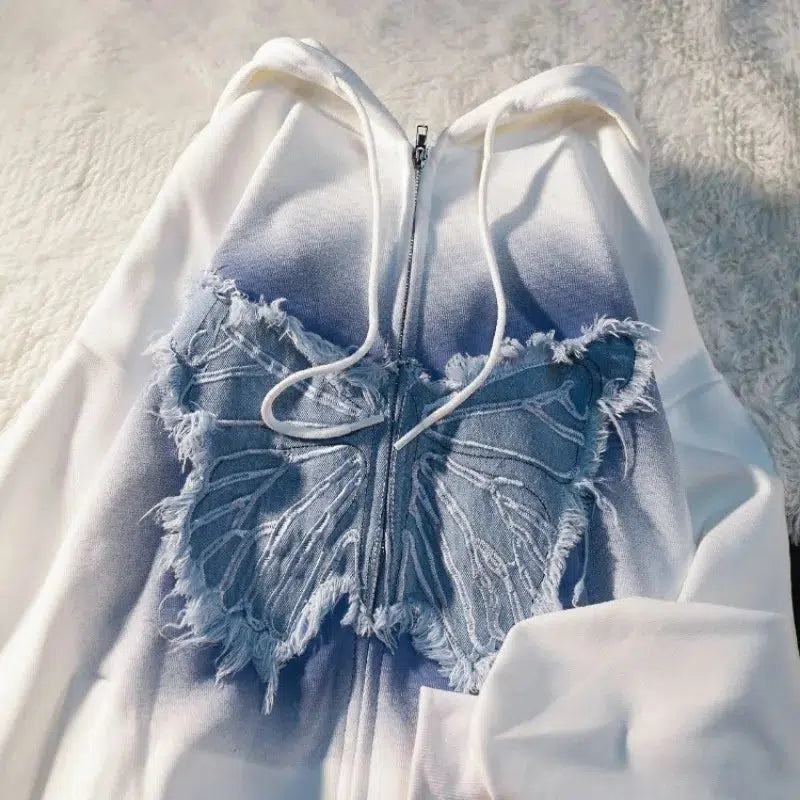 Embroidery Butterfly Y2K Oversized Comfy Fit Zip Up Hoodie