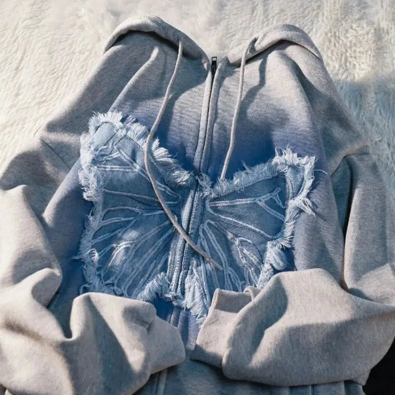 Embroidery Butterfly Y2K Oversized Comfy Fit Zip Up Hoodie