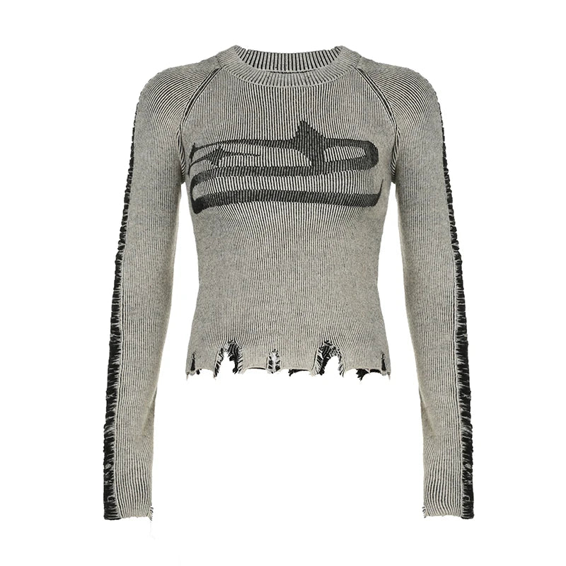 Womens Long Sleeve Ripped Stitched Y2K Top