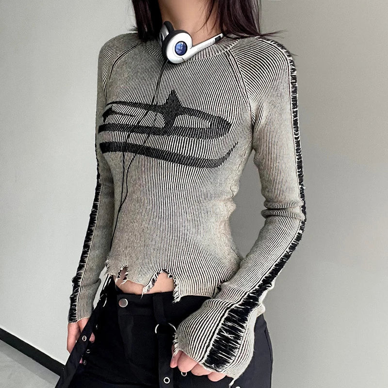 Womens Long Sleeve Ripped Stitched Y2K Top