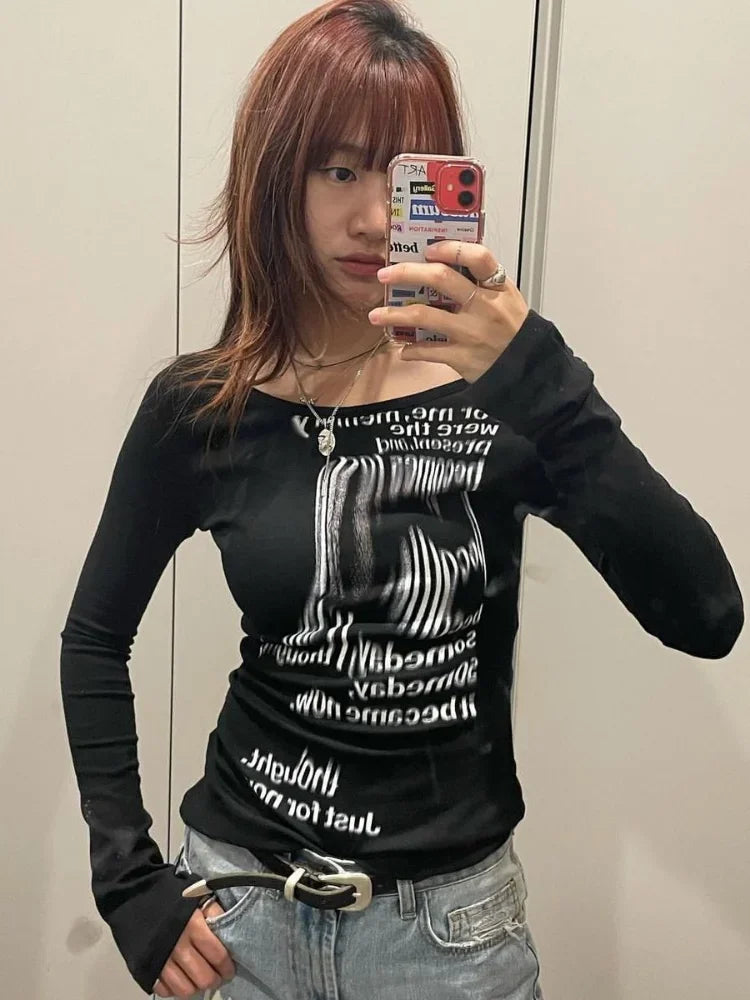 Womens Long Sleeve Y2K Graphic Top