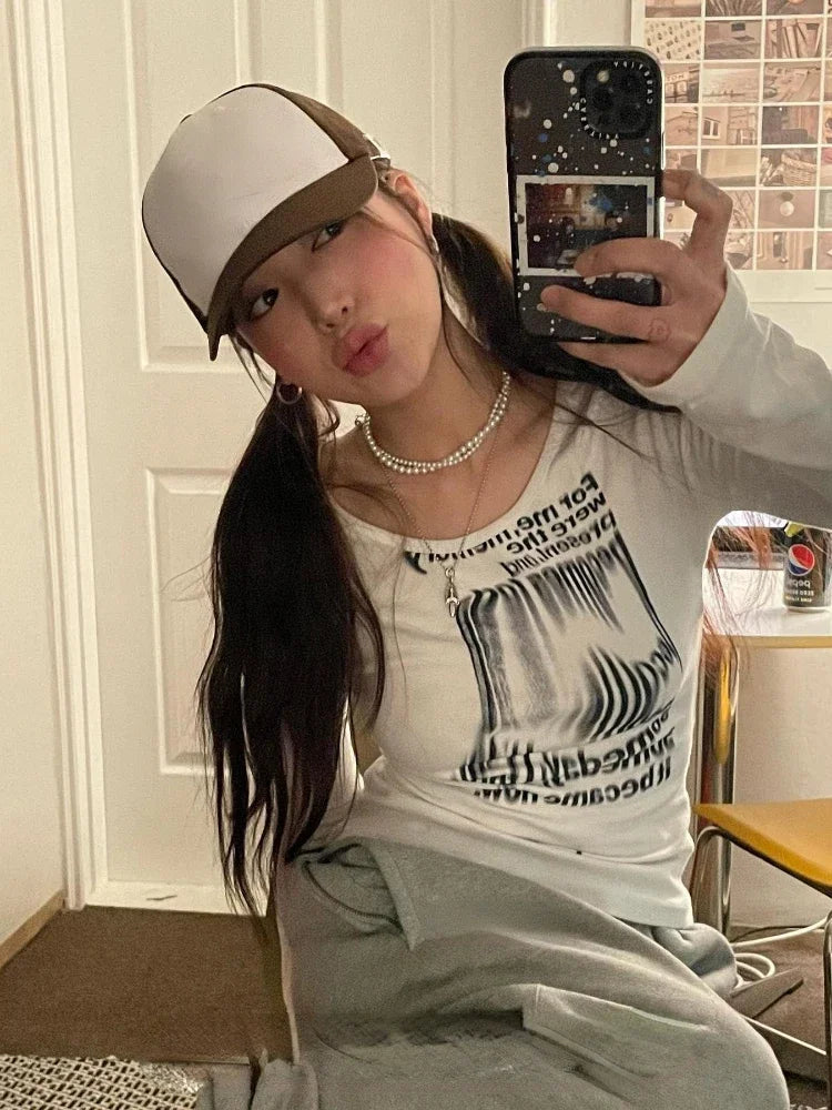 Womens Long Sleeve Y2K Graphic Top