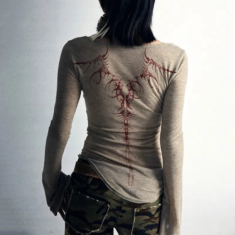 Womens Spinal Print Y2K Bell Long Sleeve Top