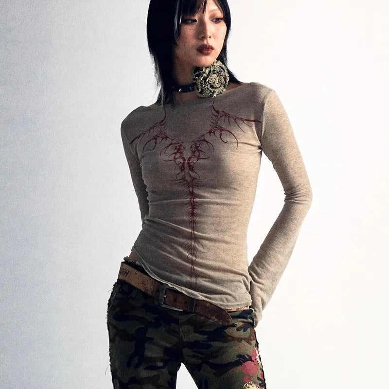 Womens Spinal Print Y2K Bell Long Sleeve Top