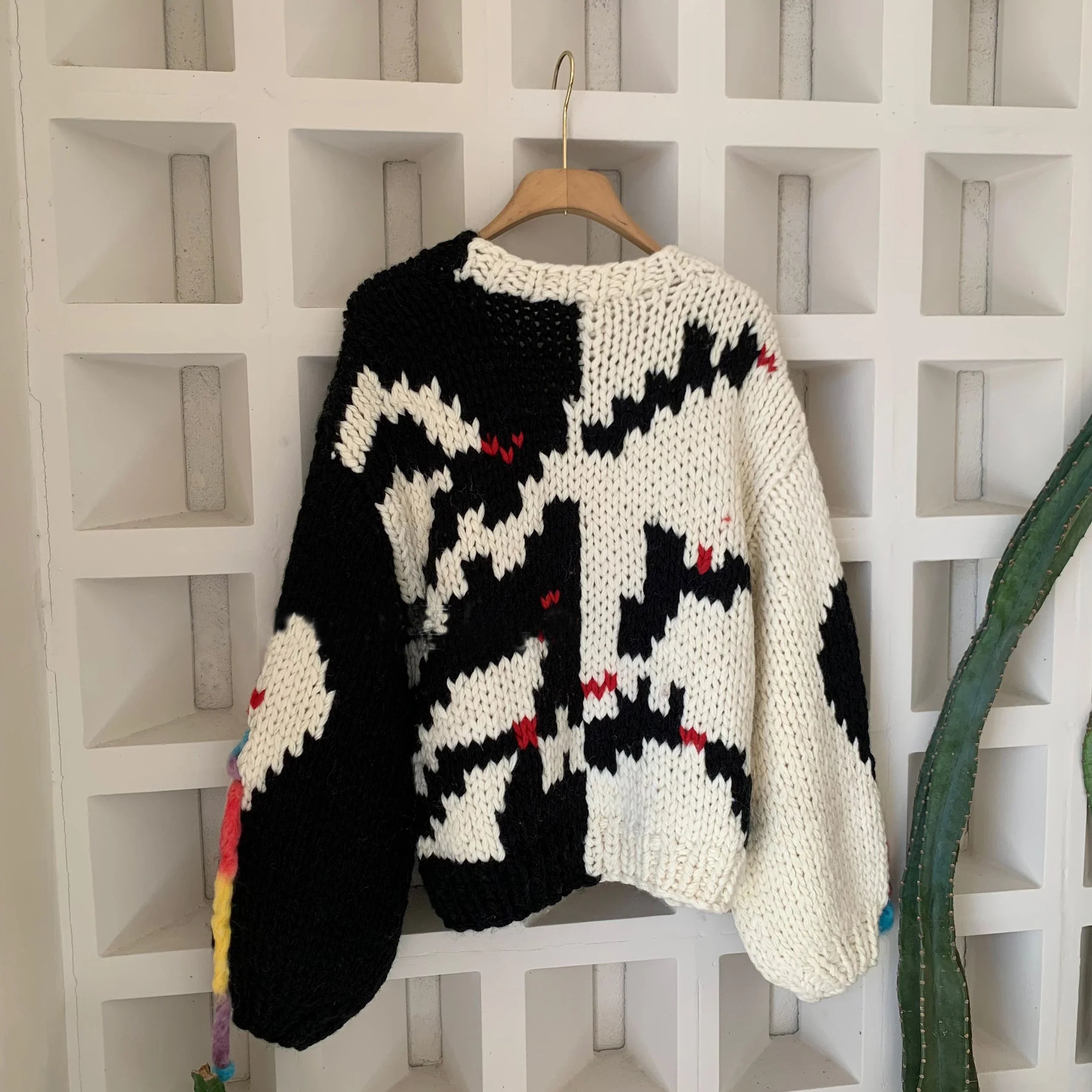 Womens Y2K Digital Glitch Tassel Cardigan Sweater