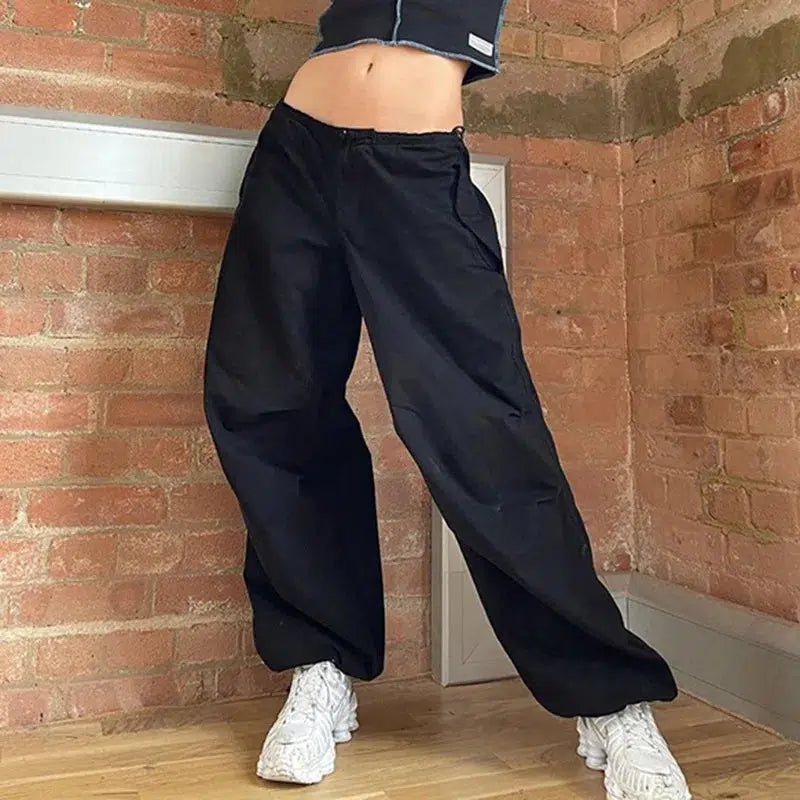 Y2K Baggy Parachute Pants Black