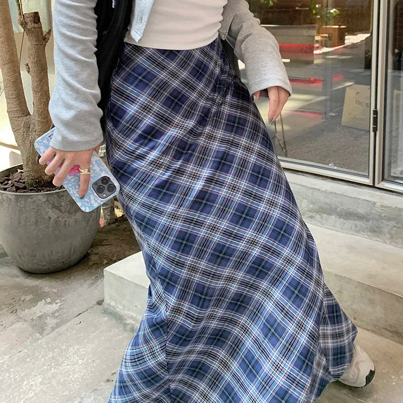 Y2K Blue Plaid Mermaid Fishtail Long Maxi Skirt