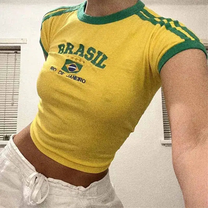 Y2K Brazil Striped Baby Tee Yellow