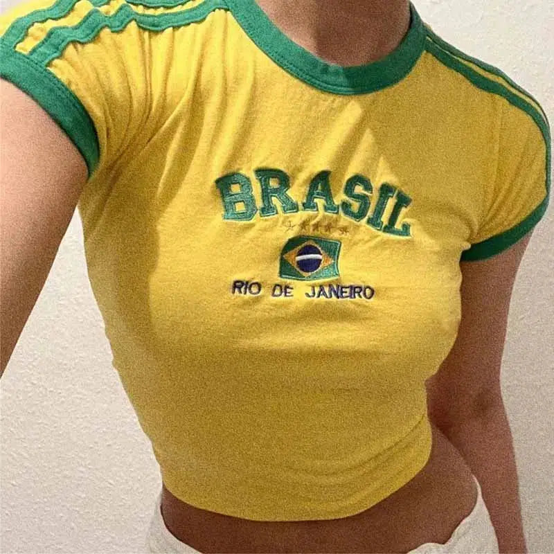 Y2K Brazil Striped Baby Tee Yellow