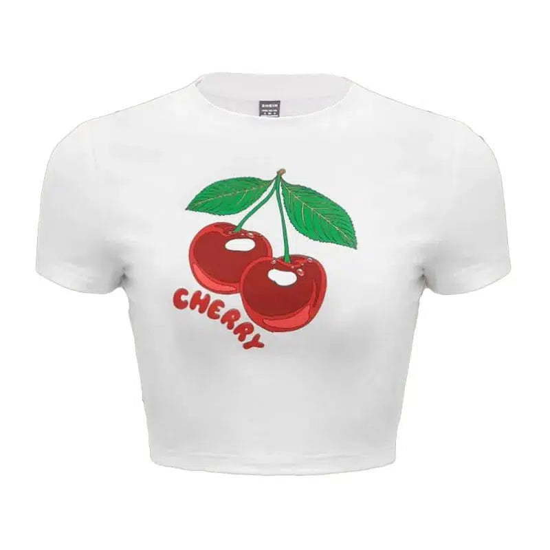 Y2K Cherry White Graphic Crop Top
