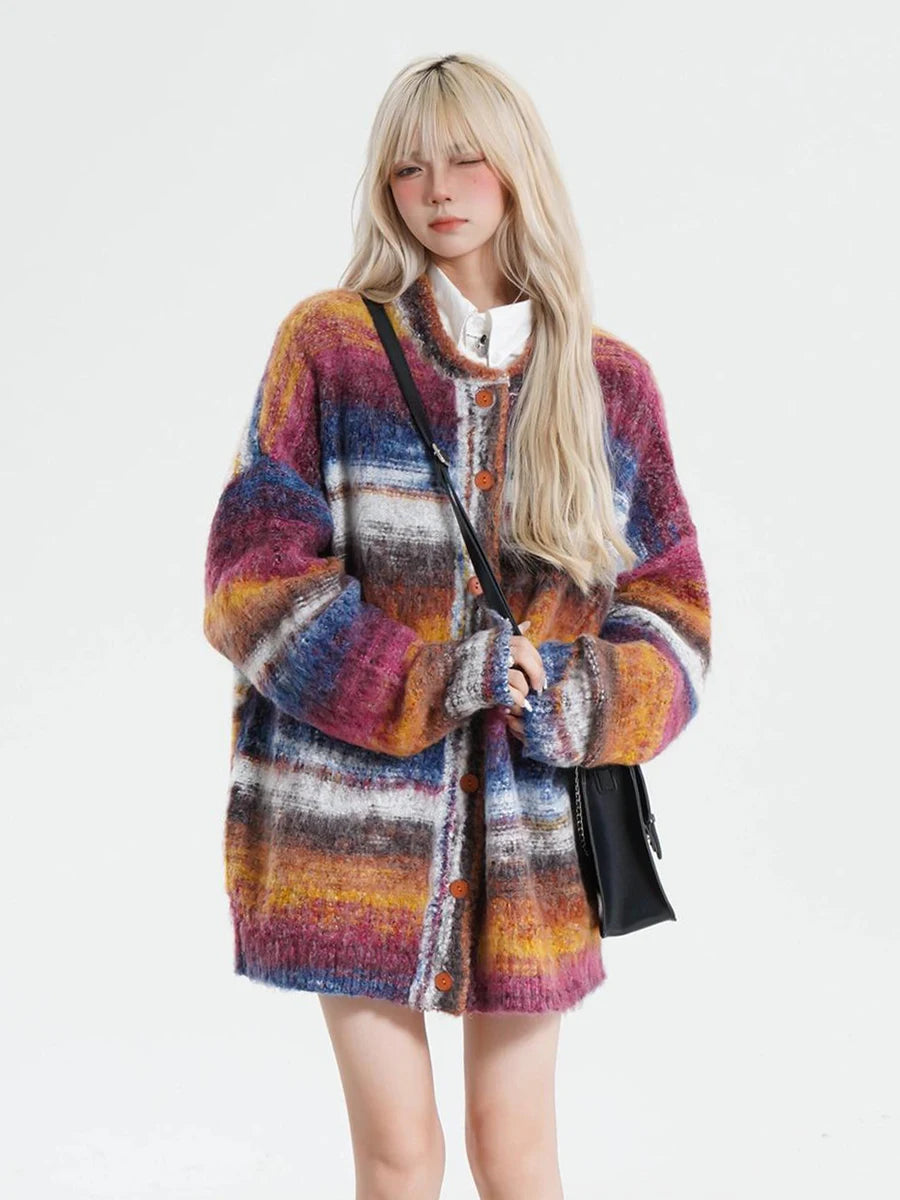 Y2k Colour Block Striped Cardigan Sweater