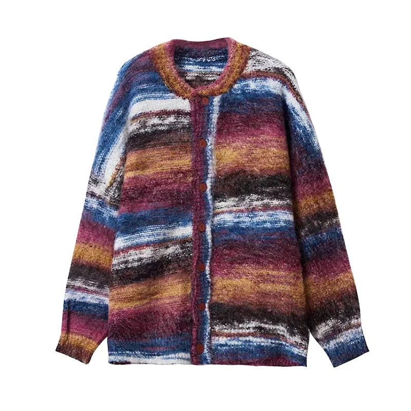 Y2k Colour Block Striped Cardigan Sweater