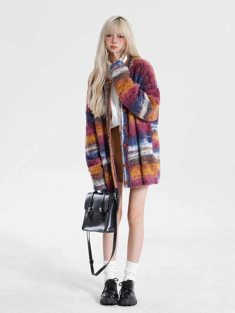 Y2k Colour Block Striped Cardigan Sweater