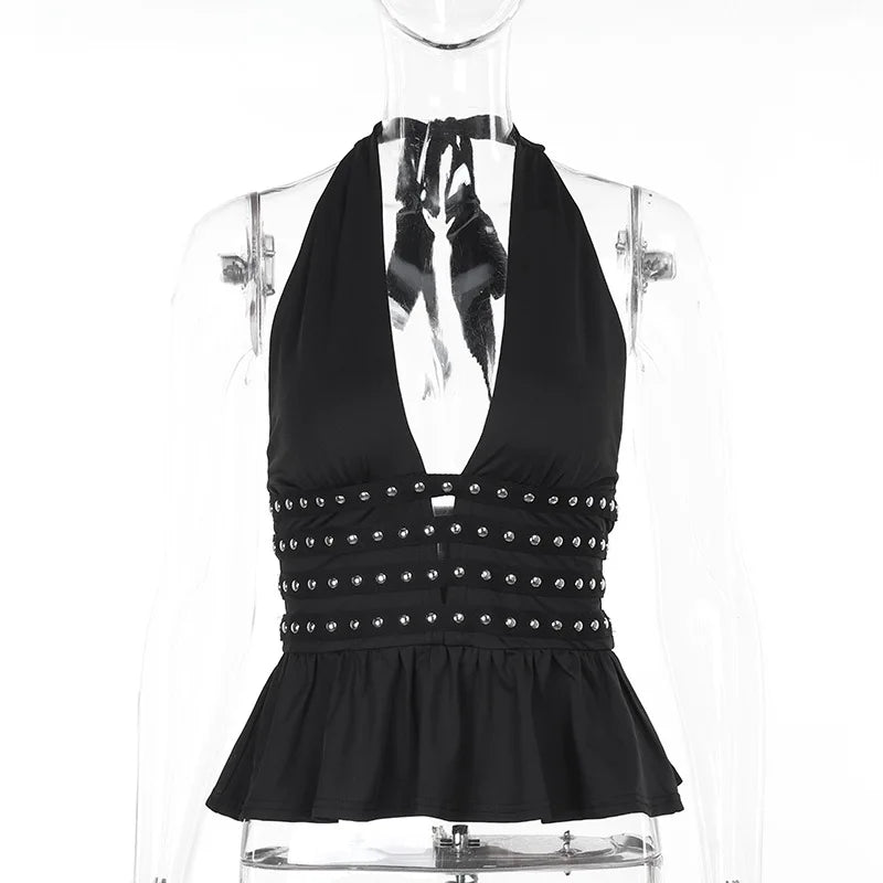 Y2K Deep V-Neck Studded Black Halter Top