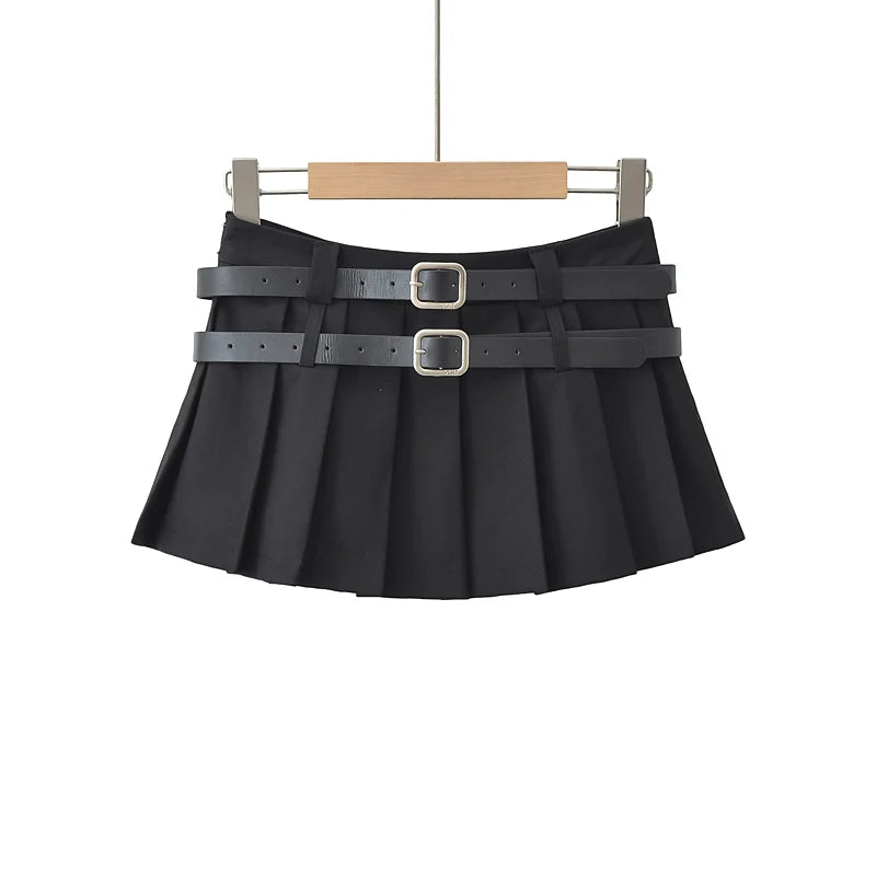 Y2K Double Belt Pleated Mini Skirt