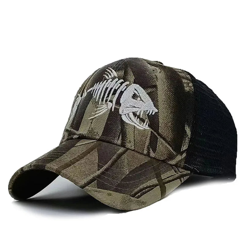 Y2K Embroidered Fish Bone Camo Baseball Cap