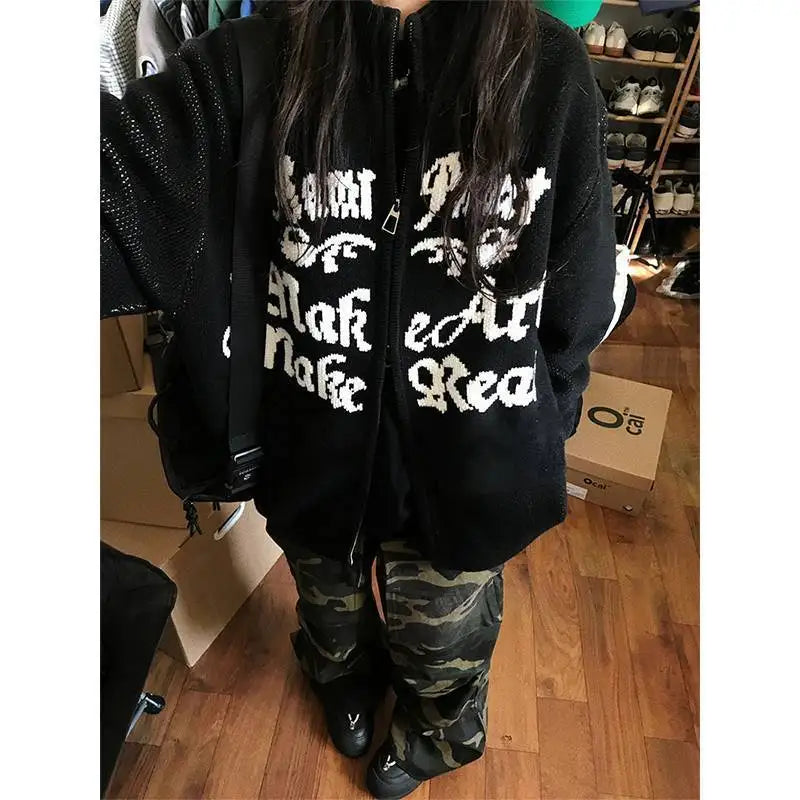 Y2K Embroidered Notes Zipper Cardigan Sweater