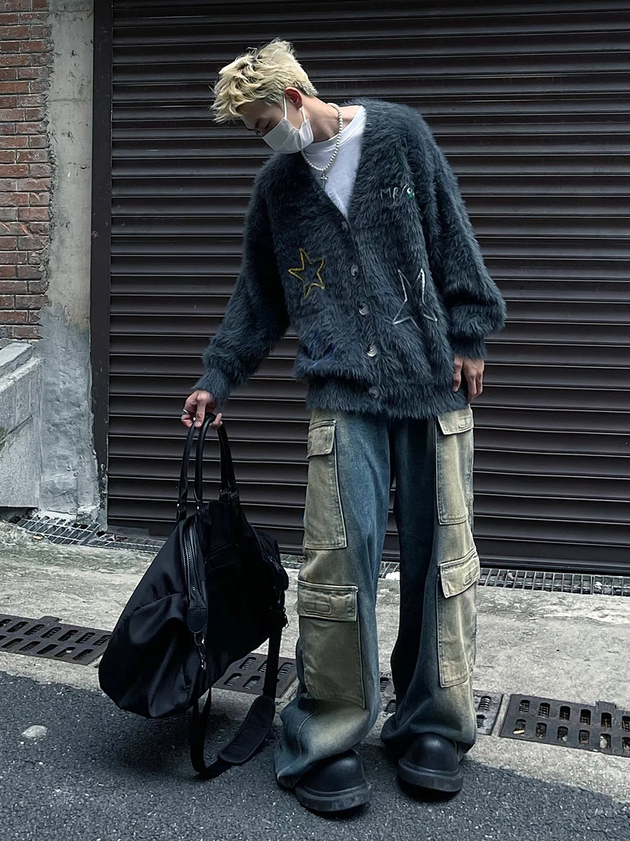 Y2K Embroidered Star Mohair Style Cardigan Sweater