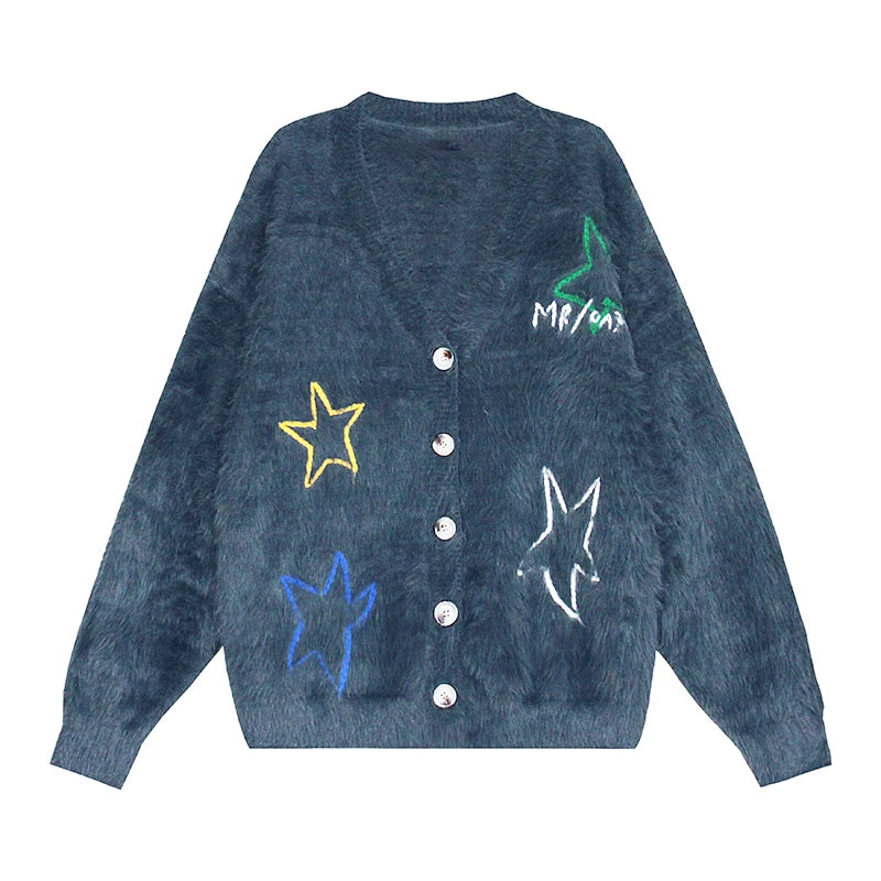 Y2K Embroidered Star Mohair Style Cardigan Sweater