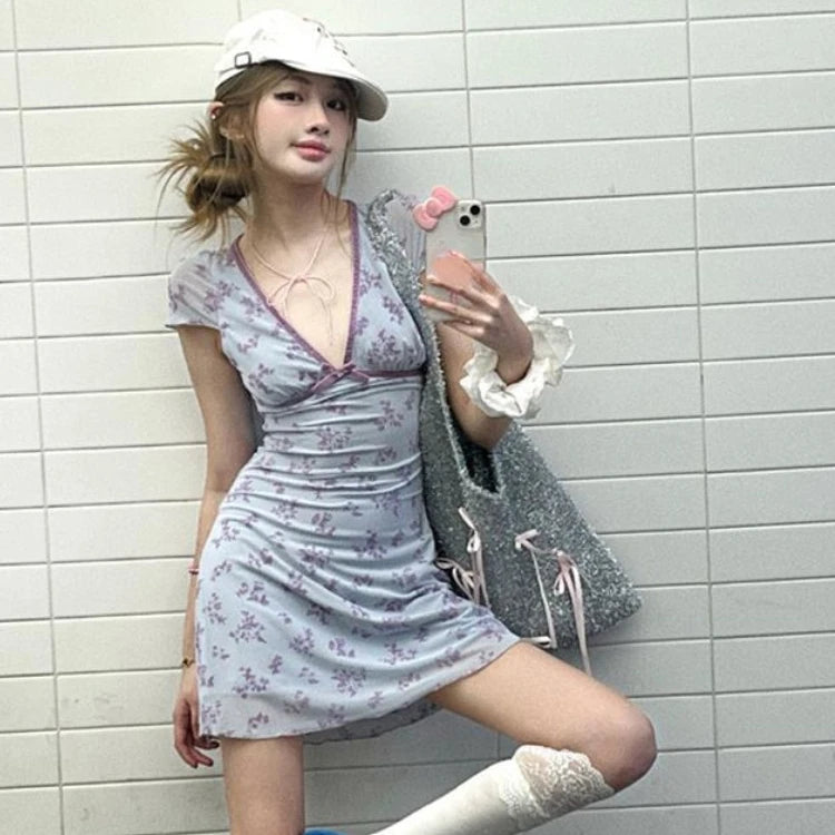 Y2K Lavender V Neck Floral Mini Dress