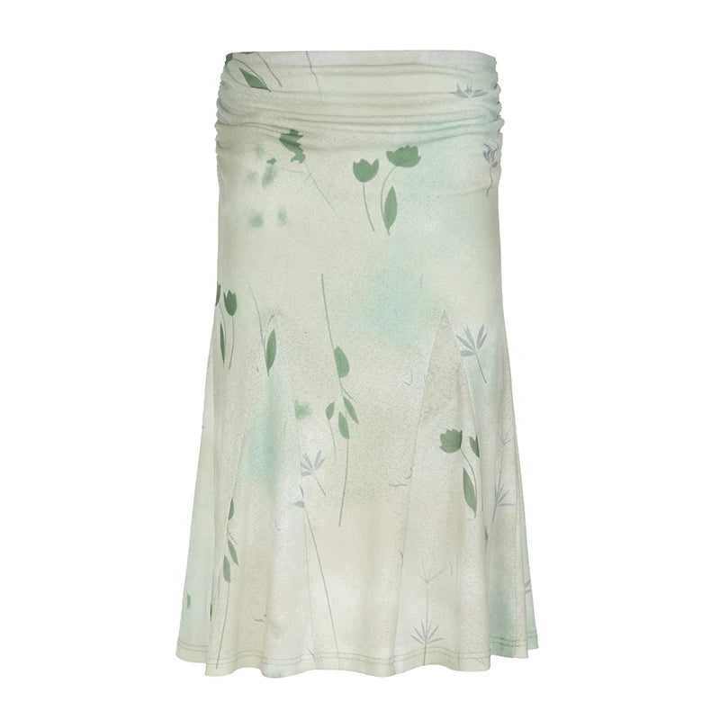 Y2K Low Waist Green Floral Flowy Midi Skirt