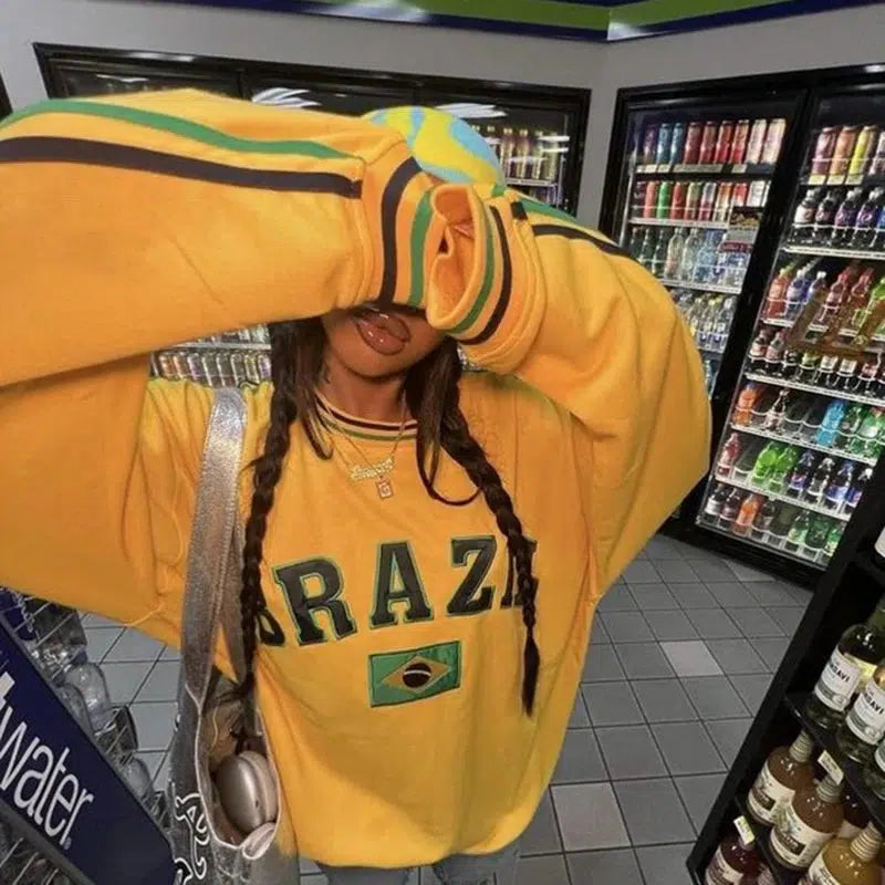Y2K Oversized Thick Brazil Embroidered Sweatshirt