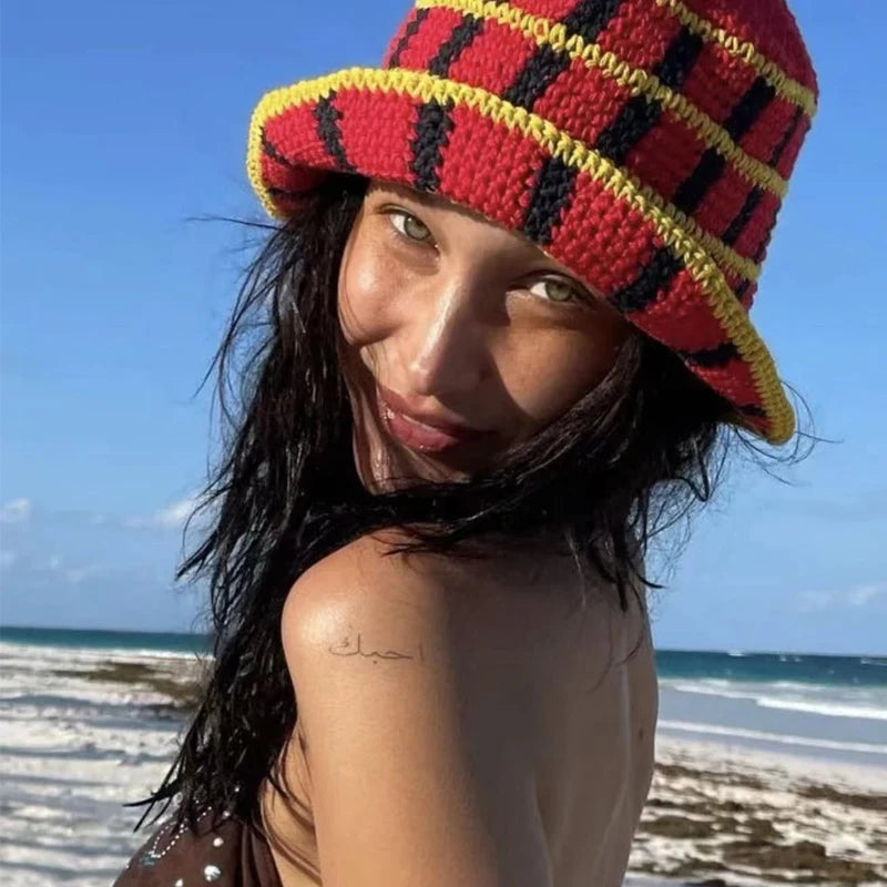 Y2K Plaid Knit Bucket Hat