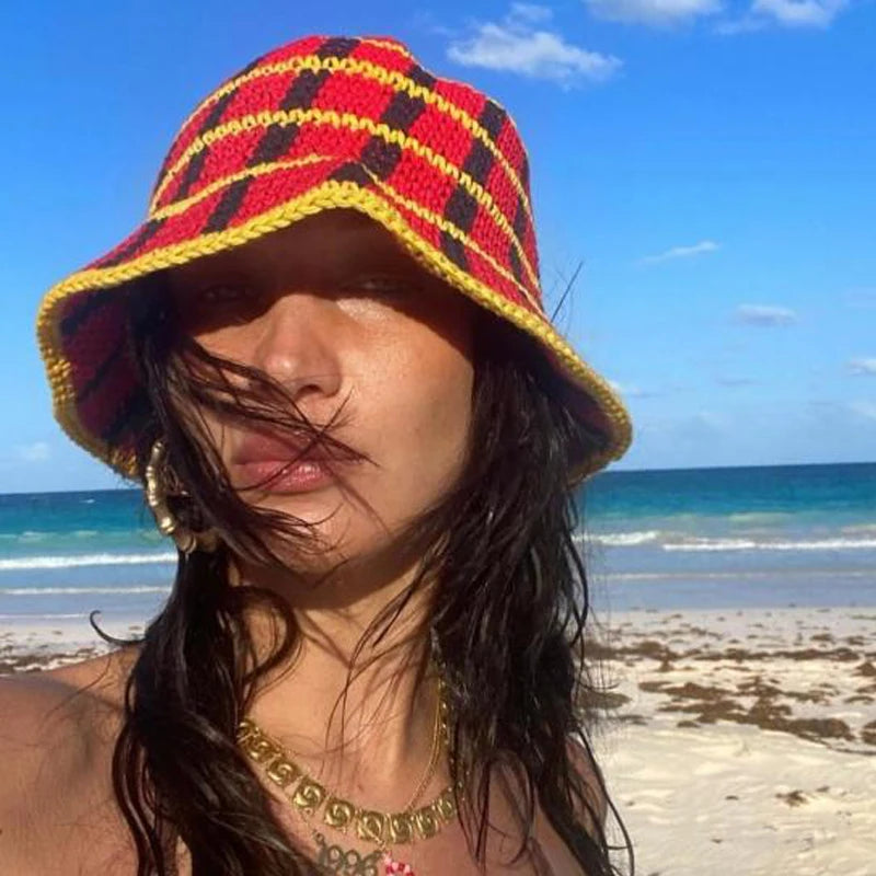 Y2K Plaid Knit Bucket Hat