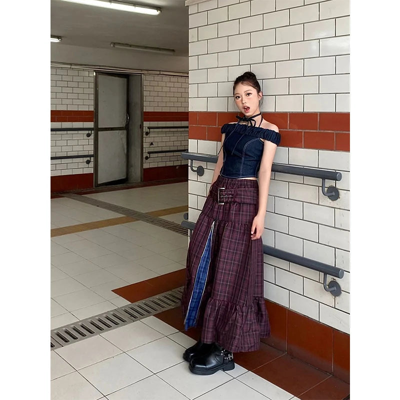 Y2K Plaid Patchwork Maxi Skirt
