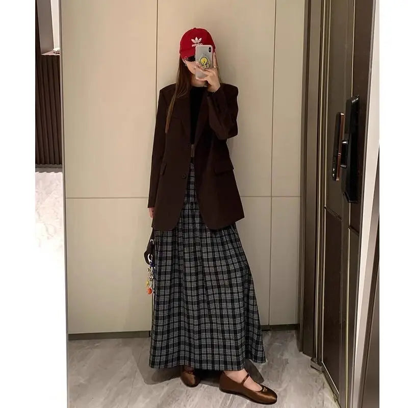 Y2K Plaid Womens High Waist Maxi Skirt