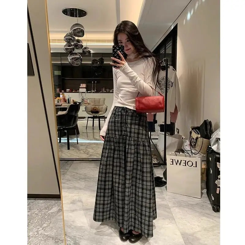 Y2K Plaid Womens High Waist Maxi Skirt