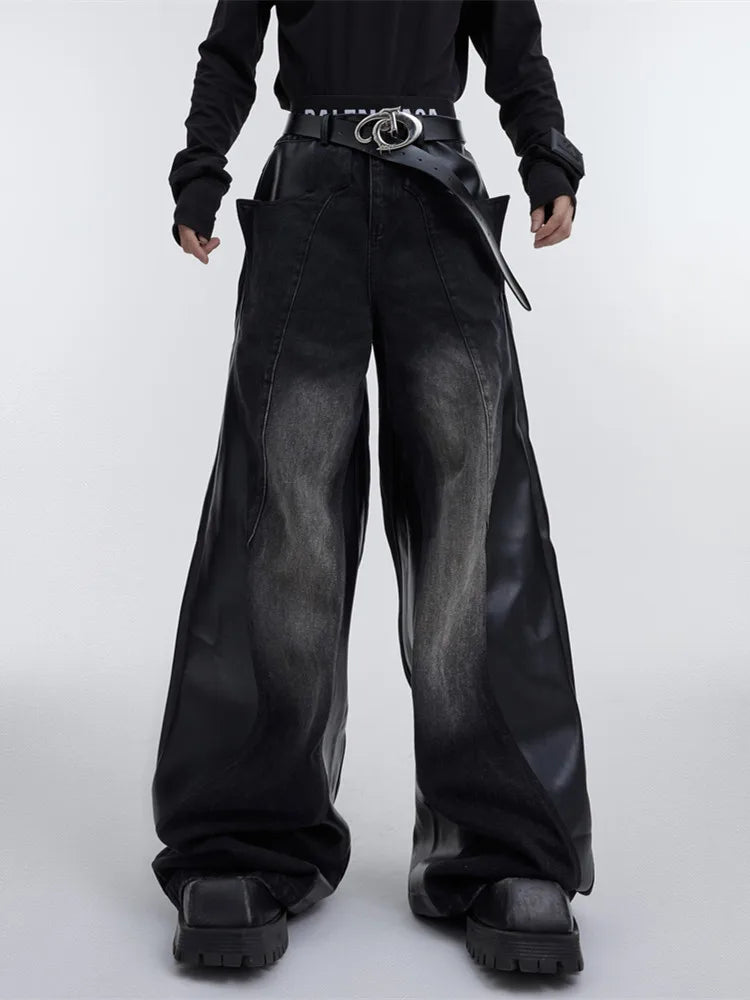 Y2K Pu Leather Patchwork Wide Leg Baggy Jeans