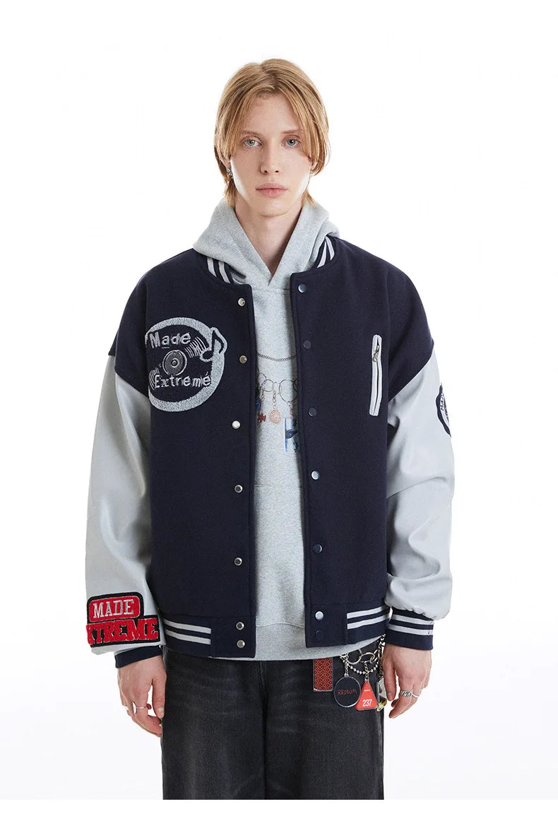 Y2K PU Leather Sleeve Embroidered Varsity Jacket