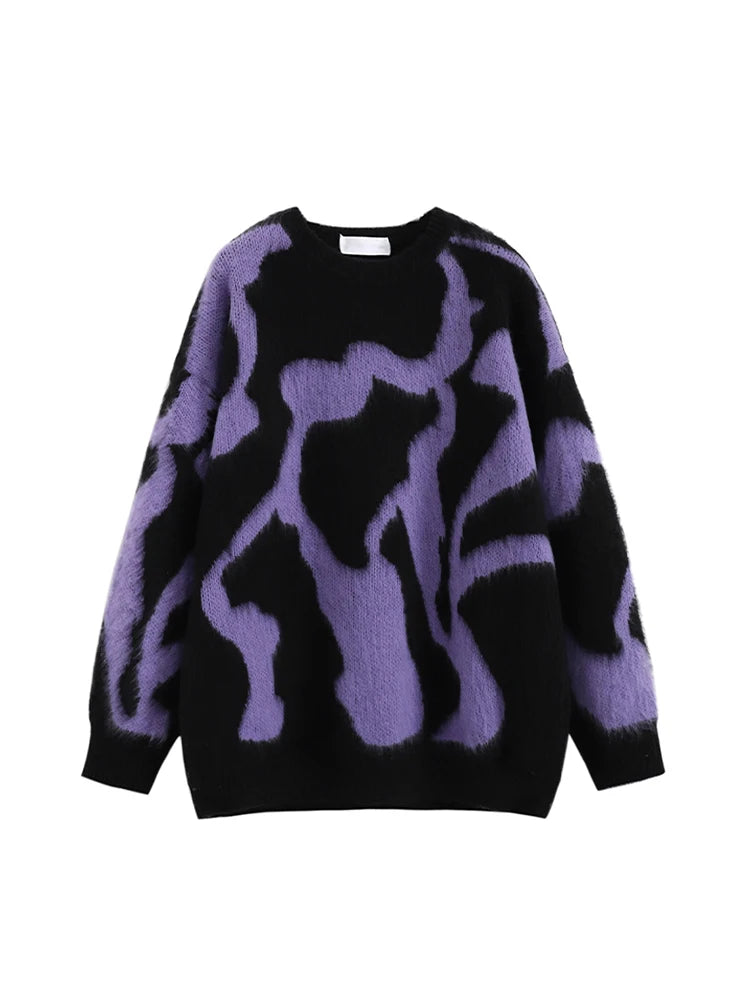 Y2K Purple Cow Patch Knitted Sweater