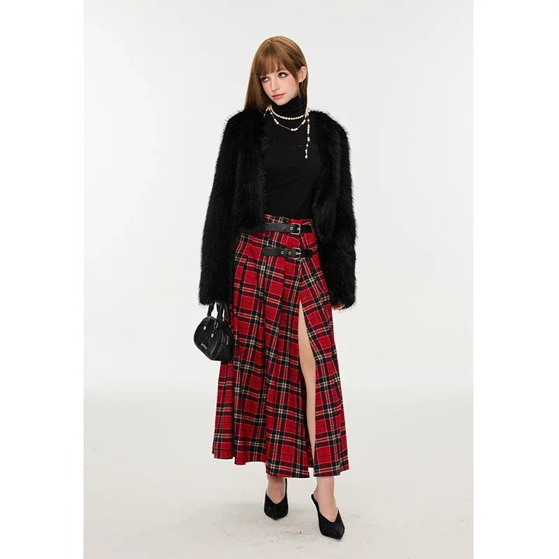 Y2K Retro French Red Plaid A-Line Maxi