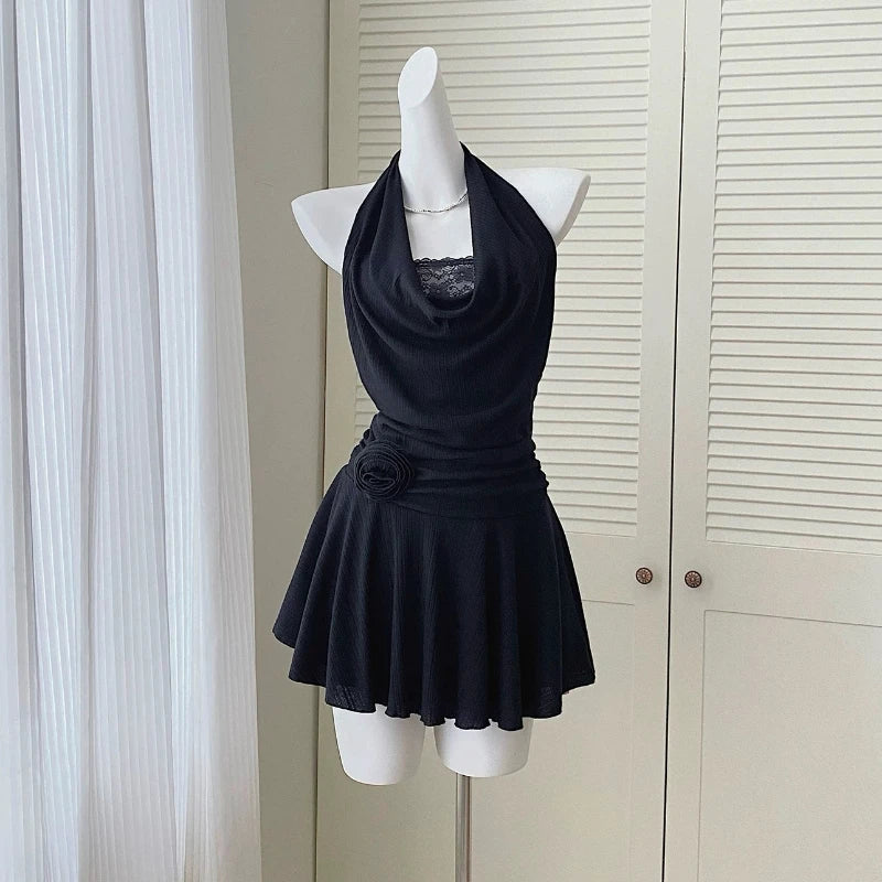 Y2K Sexy French Fake Two Piece Black Lace Mini Dress