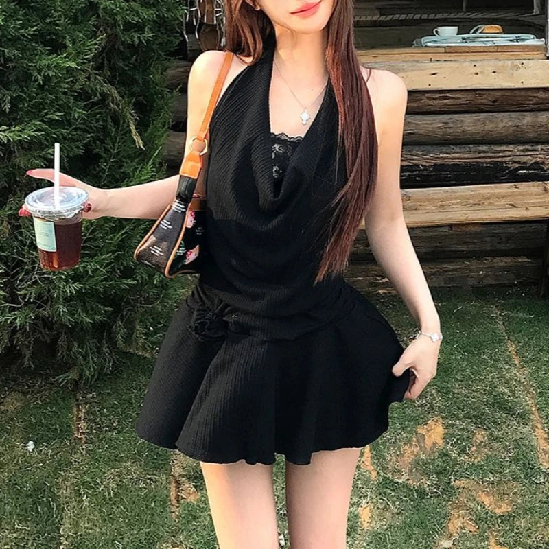 Y2K Sexy French Fake Two Piece Black Lace Mini Dress