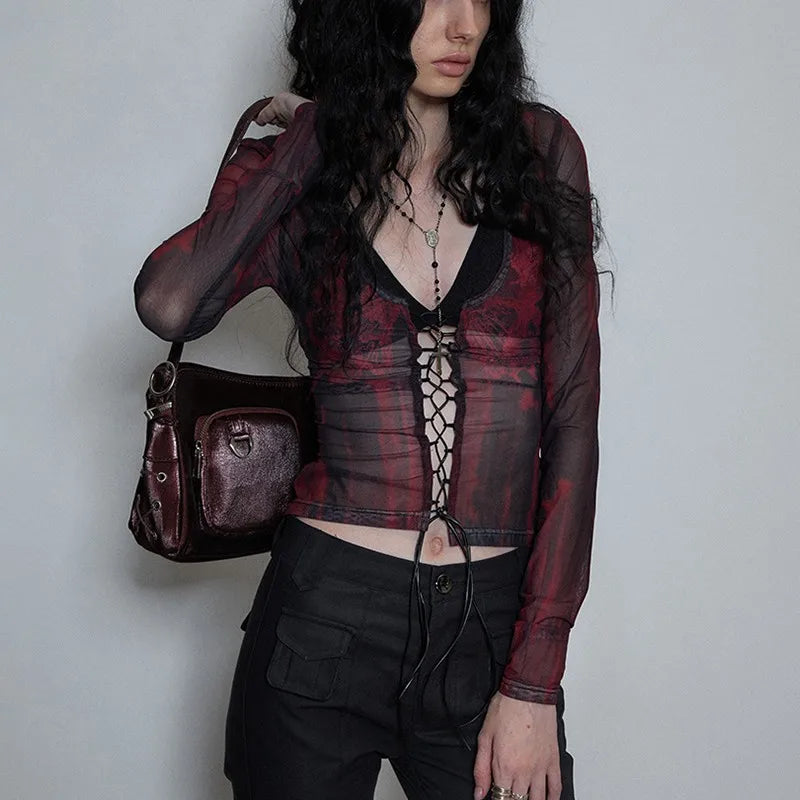 Y2K Sheer Long Sleeve Womens Top