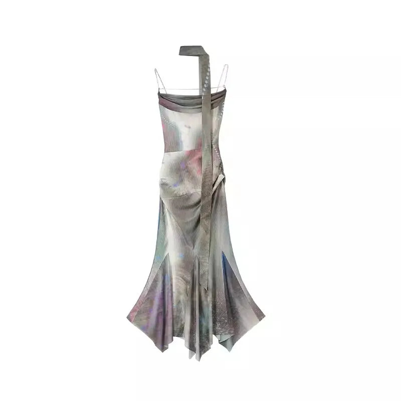 Y2K Tie Dye Mesh Ruched Bodycon Dress