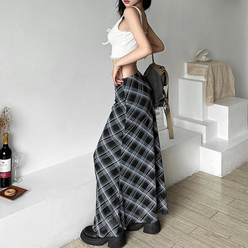 Y2K Vintage Aesthetic Plaid High Waist Maxi Skirt
