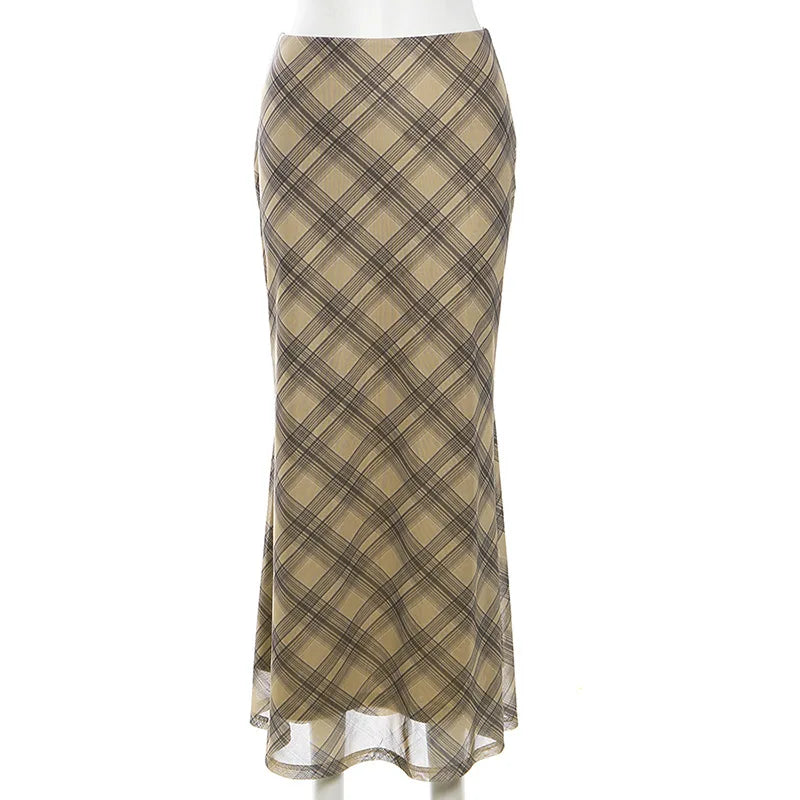 Y2K Vintage Aesthetic Plaid High Waist Maxi Skirt